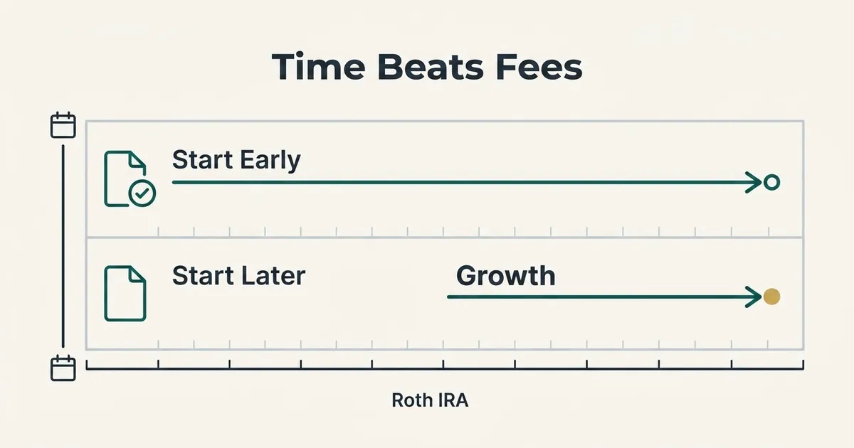 A flat vector exhibit titled 'Time Beats Fees' compares two horizontal timeline rows over a shared ten-year axis. The top row, labeled 'Start Early,' shows a long teal arrow reaching nearly the full width of the timeline, ending in a teal marker. The bottom row, labeled 'Start Later,' shows a shorter teal arrow starting further along the timeline and ending in a gold marker, illustrating a smaller compounding runway. Both rows begin with a simple monoline document icon. The label 'Roth IRA' appears centered at the bottom beneath the timeline. No dollar figures, percentages, or guaranteed outcomes are shown; the graphic is purely schematic, using a warm off-white background, deep slate text, teal monoline icons, and a single muted gold accent.