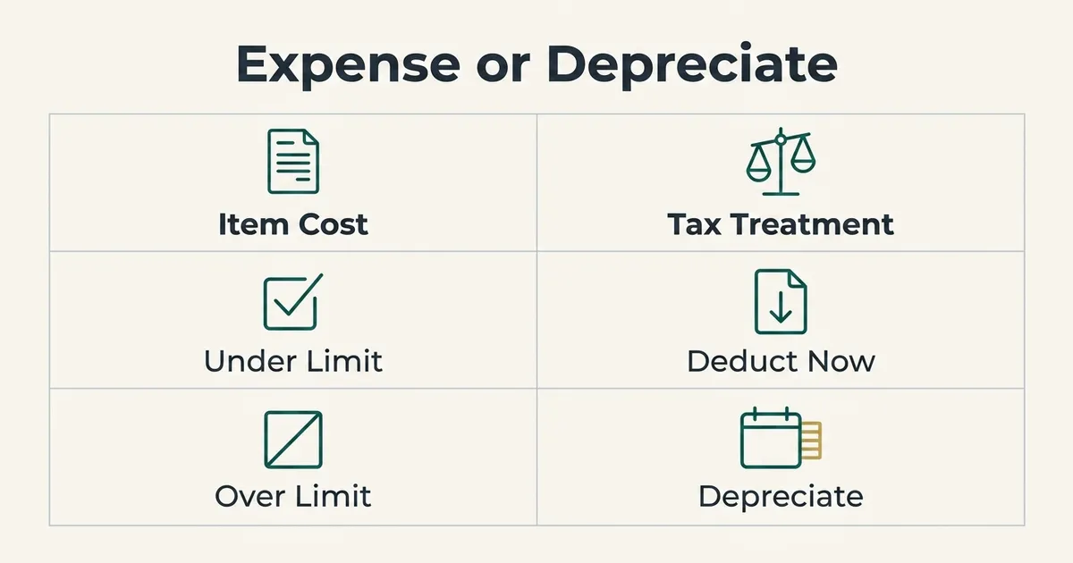 A two-column, two-row comparison table titled 'Expense or Depreciate.' The header row shows an invoice icon labeled 'Item Cost' on the left and a balance-scale icon labeled 'Tax Treatment' on the right. The first body row pairs a checkmark icon labeled 'Under Limit' with a document-and-down-arrow icon labeled 'Deduct Now,' illustrating immediate expensing. The second body row pairs a crossed-square icon labeled 'Over Limit' with a calendar-and-stacked-bars icon labeled 'Depreciate,' illustrating cost spread over multiple years.