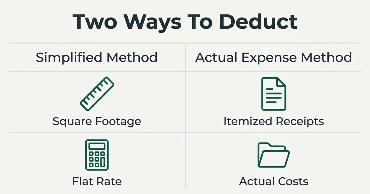 A comparison table titled 'Two Ways To Deduct' with two columns. The left column, headed 'Simplified Method', shows a ruler icon labeled 'Square Footage' and below it a calculator icon labeled 'Flat Rate'. The right column, headed 'Actual Expense Method', shows a document icon labeled 'Itemized Receipts' and below it a folder icon labeled 'Actual Costs'.