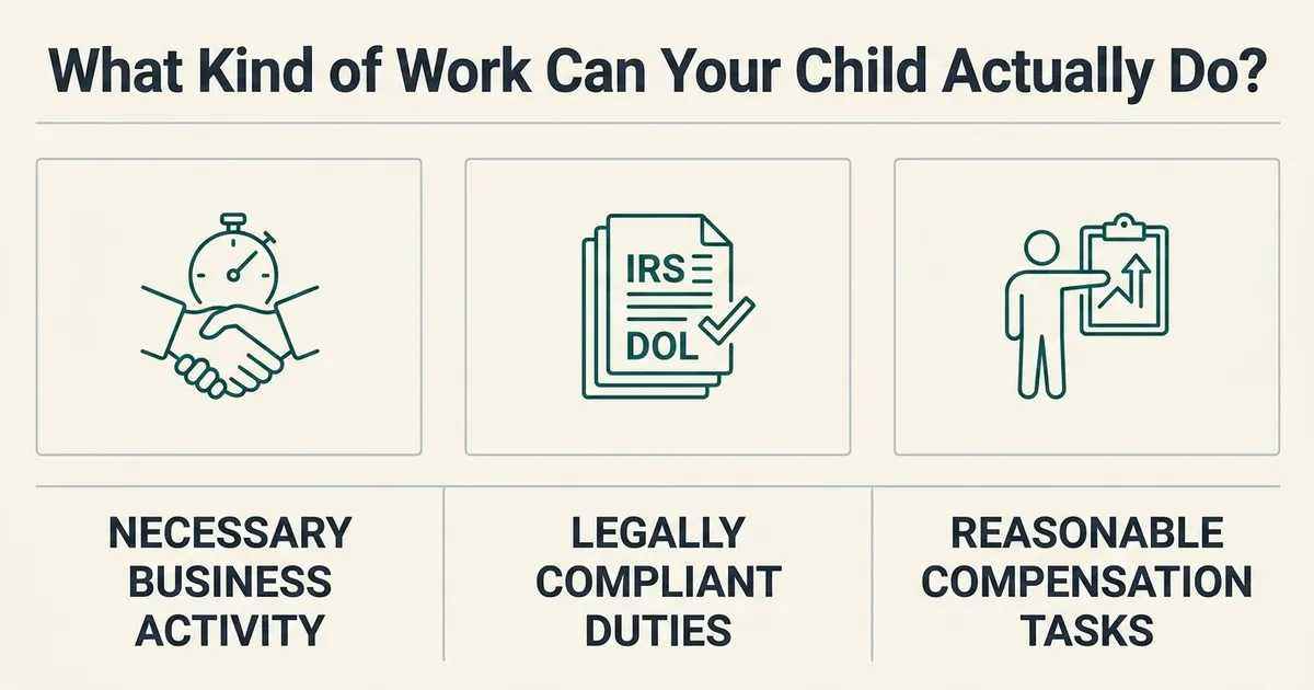 A three-panel exhibit titled 'What Kind of Work Can Your Child Actually Do?'. The left panel shows a handshake and stopwatch icon labeled 'Necessary Business Activity'. The middle panel shows stacked documents marked IRS and DOL with a checkmark, labeled 'Legally Compliant Duties'. The right panel shows a person presenting a chart on a clipboard, labeled 'Reasonable Compensation Tasks'.
