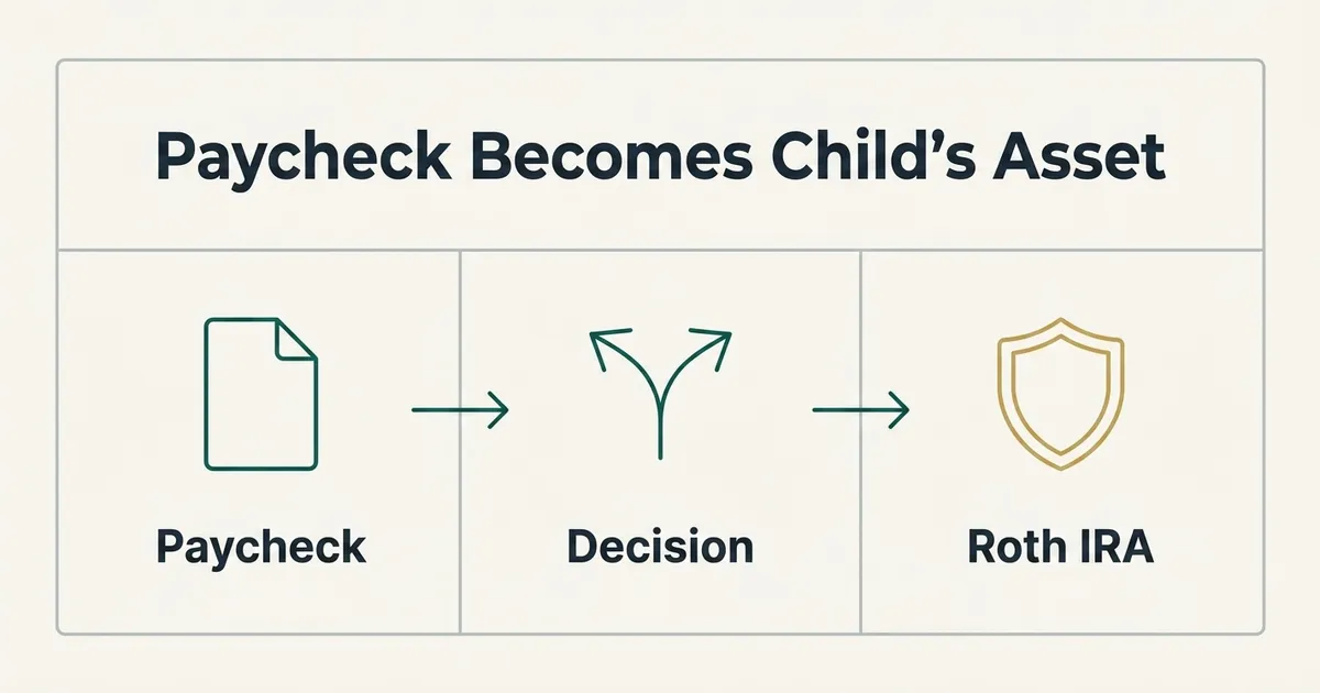 A three-step flow diagram titled 'Paycheck Becomes Child's Asset' showing a document icon labeled 'Paycheck', an arrow to a branching-path icon labeled 'Decision', and an arrow to a shield icon labeled 'Roth IRA', illustrating how a child's earned wages can be directed into a custodial Roth IRA.