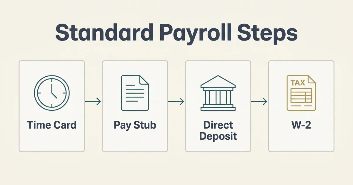 A four-step flowchart titled 'Standard Payroll Steps' showing cards connected left to right by arrows: a clock icon labeled 'Time Card', a document icon labeled 'Pay Stub', a bank building icon labeled 'Direct Deposit', and a tax form icon labeled 'W-2', illustrating the payroll paperwork trail that supports paying a child as an employee.