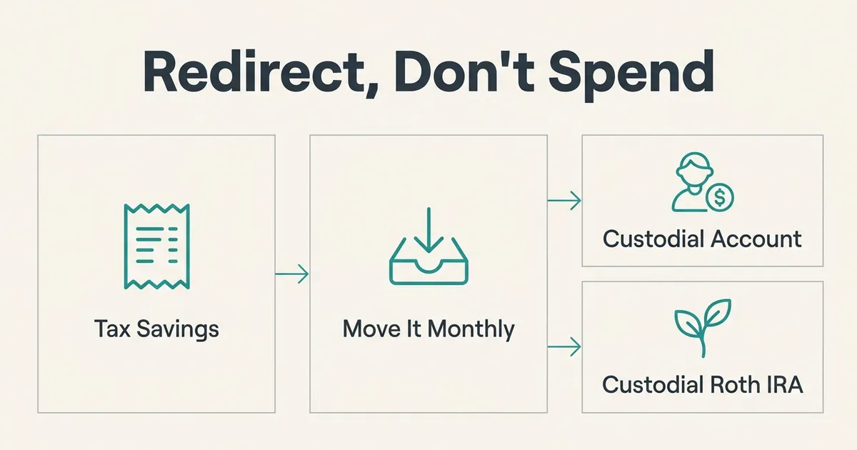 A flow diagram headed 'Redirect, Don't Spend' shows a 'Tax Savings' panel with a receipt icon leading to a 'Move It Monthly'…