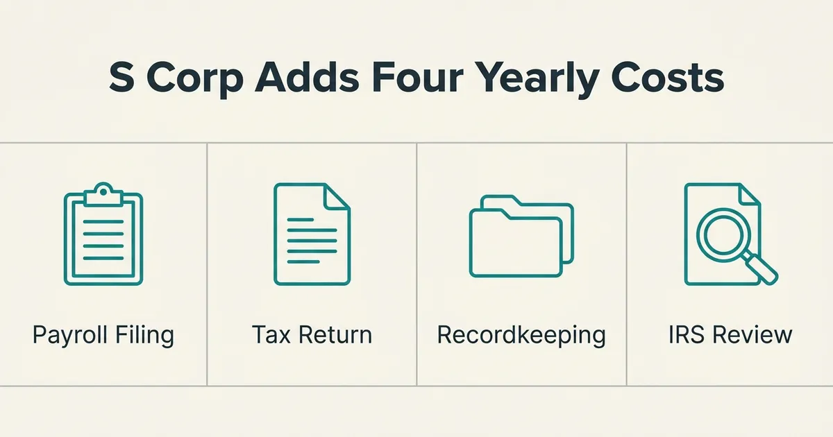 A four-panel comparison exhibit titled 'S Corp Adds Four Yearly Costs,' showing four equal cells with monoline teal icons: a…