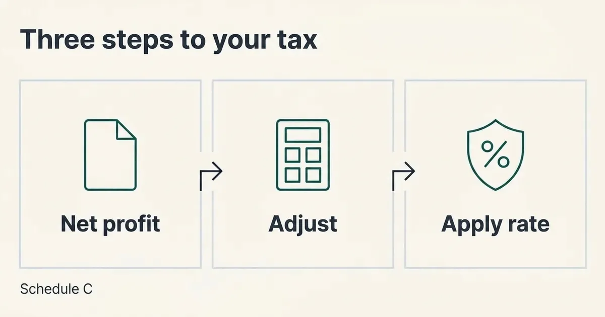 A left-to-right three-step flow in three equal rectangular panels joined by small arrows: 'Net profit' with a document icon…